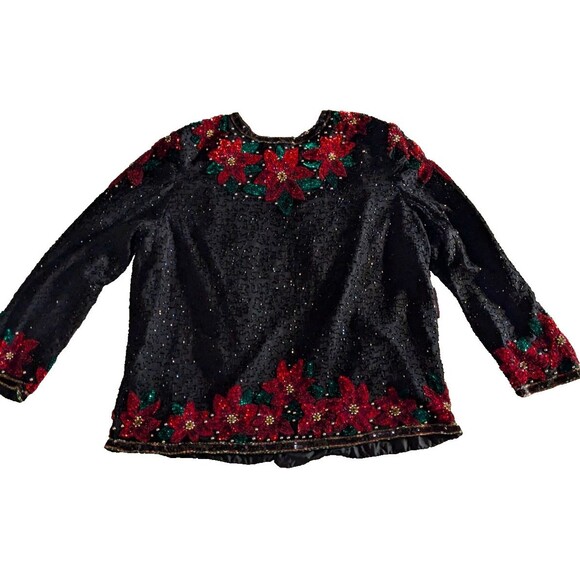 Laurence Kazar Sequin Beaded Embellished Christmas Poinsettia Sweater 2X Jacket - Picture 4 of 8